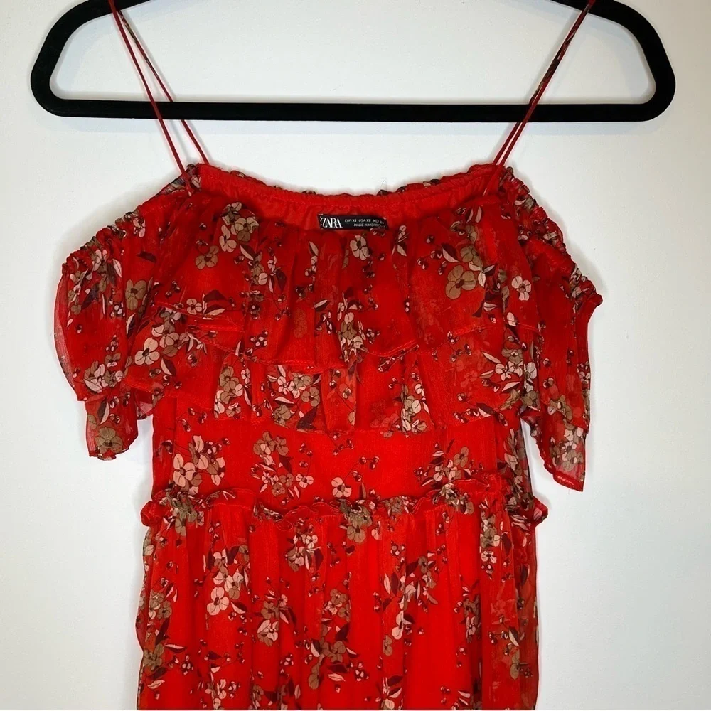 ZARA Red Floral Off The Shoulder Ruffled Tiered Chiffon Midi Dress Size XS - Picture 7 of 17